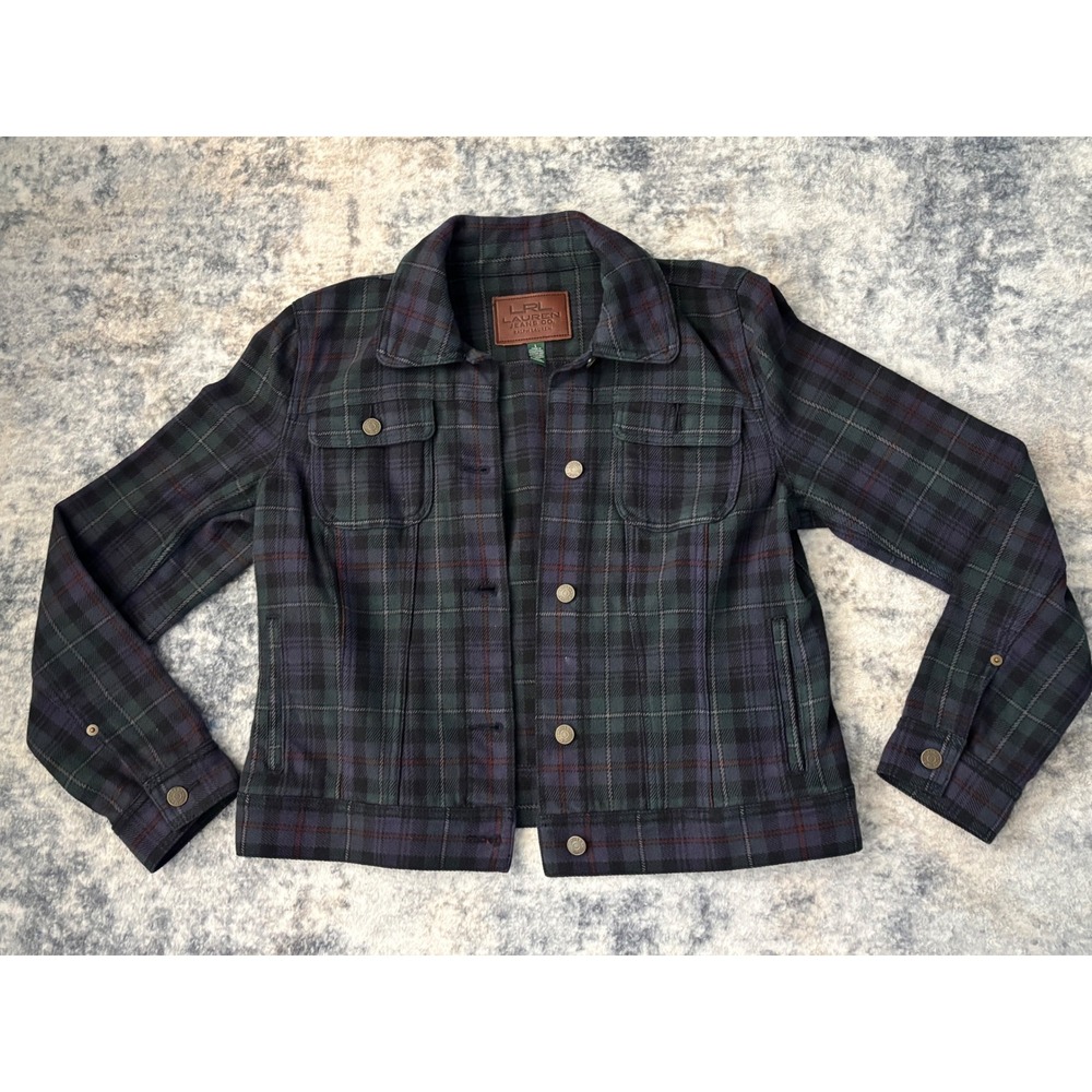 Lauren Ralph Lauren Tartan Denim‎ Jean Jacket Womens LG Green Plaid Cotton RARE
